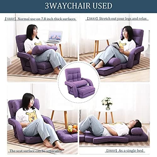 FLOGUOR Floor Chair Purple | 14-Position Adjustable Lazy Sofa with Armrests & Pillow thumbnail 5