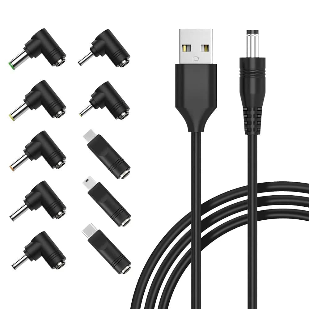 Belker 5V USB to DC Power Cable 1.5m (5ft) with 10 Universal Tips | 5V DC Power Cable for Routers, LED Lights, Speakers — Right Angle / 10-Tips