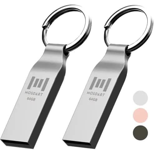 mosDART 2pcs 64GB Metal USB 2.0 Flash Drive Waterproof with Keychain, Silver | Compact Data Storage thumbnail 1