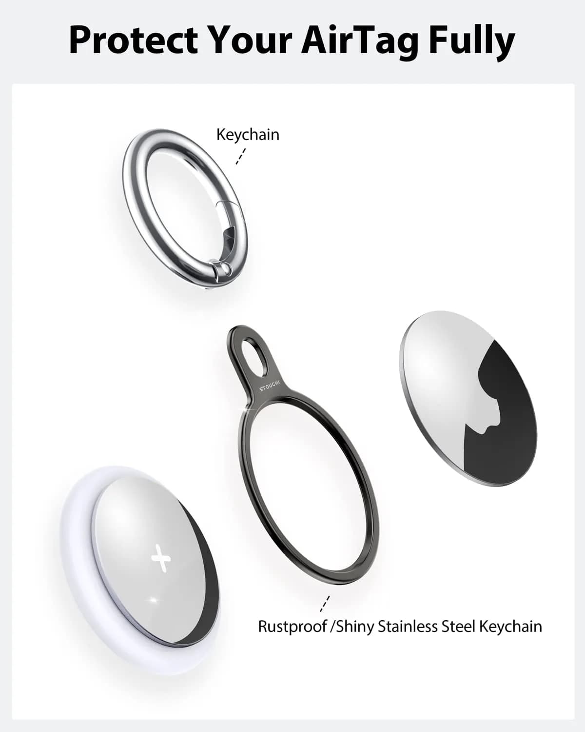 Stouchi Aluminium AirTag Holder Key Ring with Keychain & Rope | 2 Packs, Grey+Silver - view 4