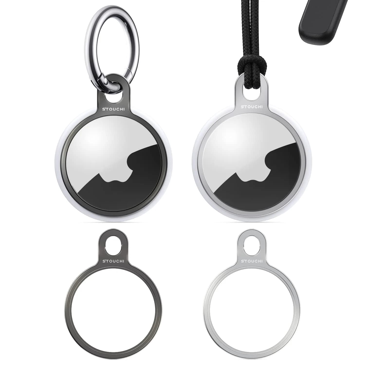 Stouchi Aluminium AirTag Holder Key Ring with Keychain & Rope | 2 Packs, Grey+Silver - main product image