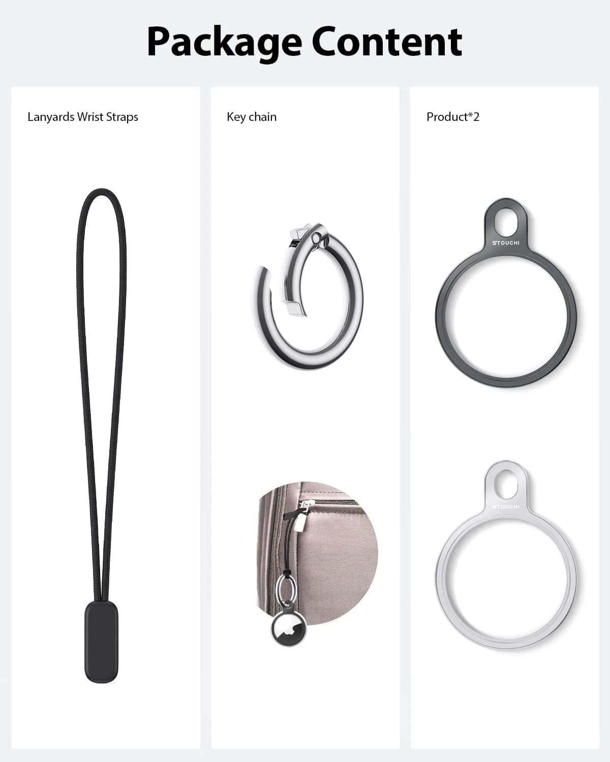 Stouchi Aluminium AirTag Holder Key Ring with Keychain & Rope | 2 Packs, Grey+Silver - view 2