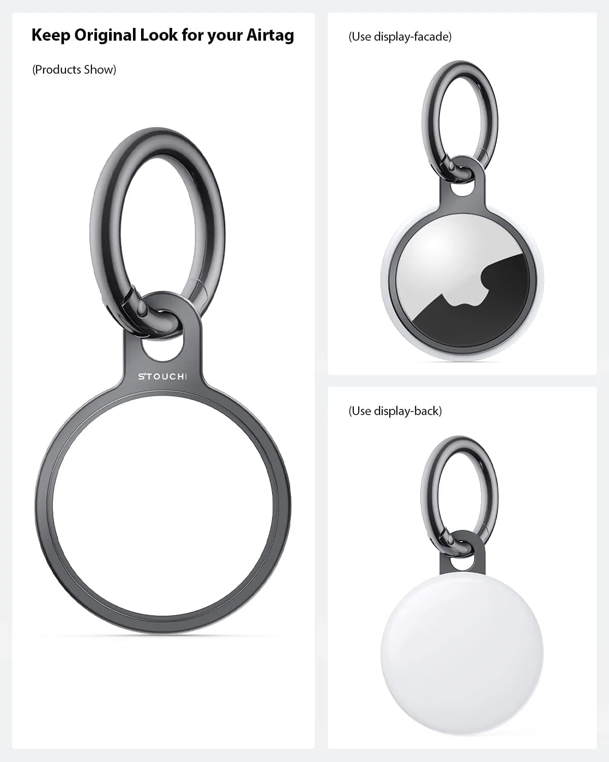 Stouchi Aluminium AirTag Holder Key Ring with Keychain & Rope | 2 Packs, Grey+Silver - view 3