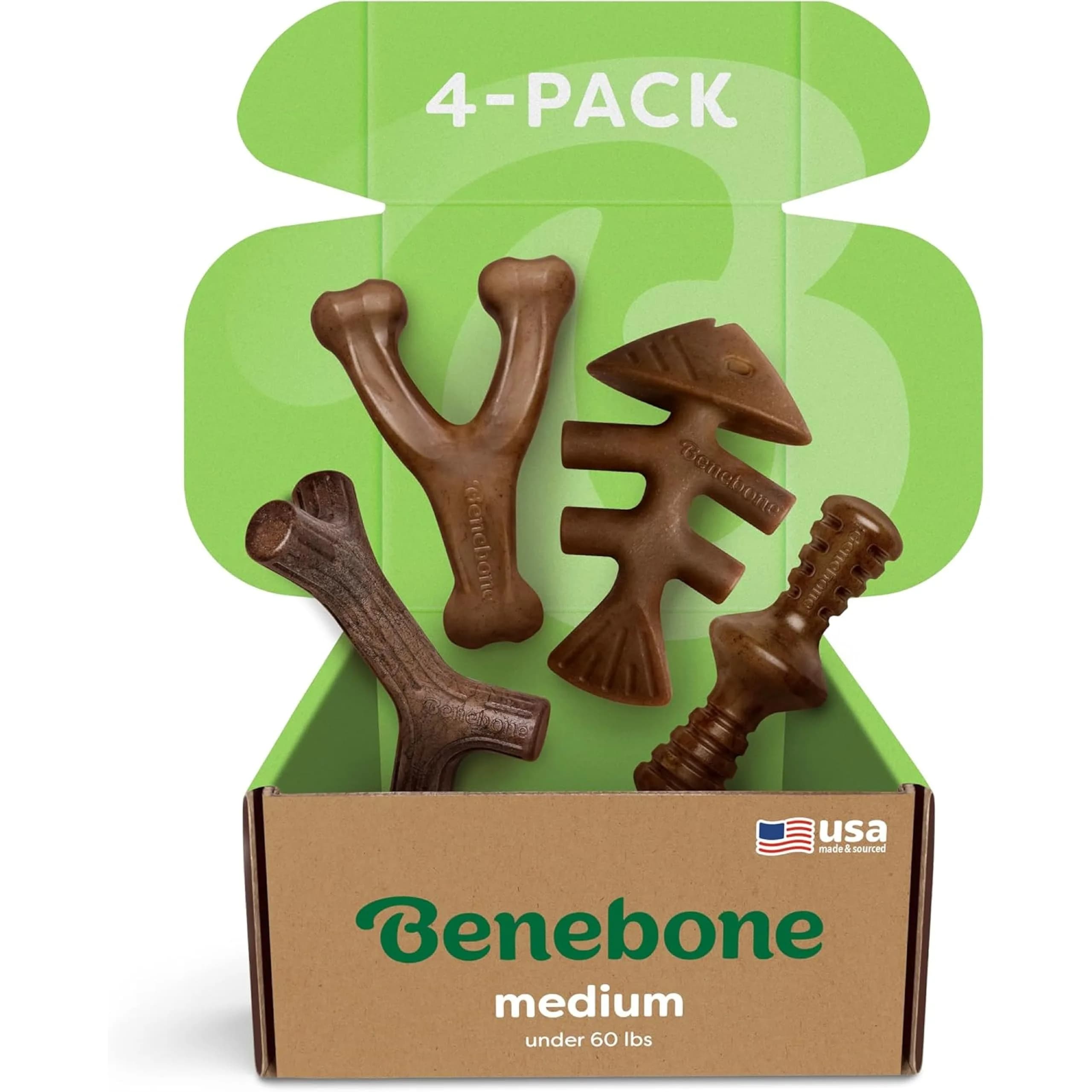 Benebone Medium 4-Pack Dog Chew Toys for Aggressive Chewers Under 60 lbs | Real Bacon Flavor — Medium