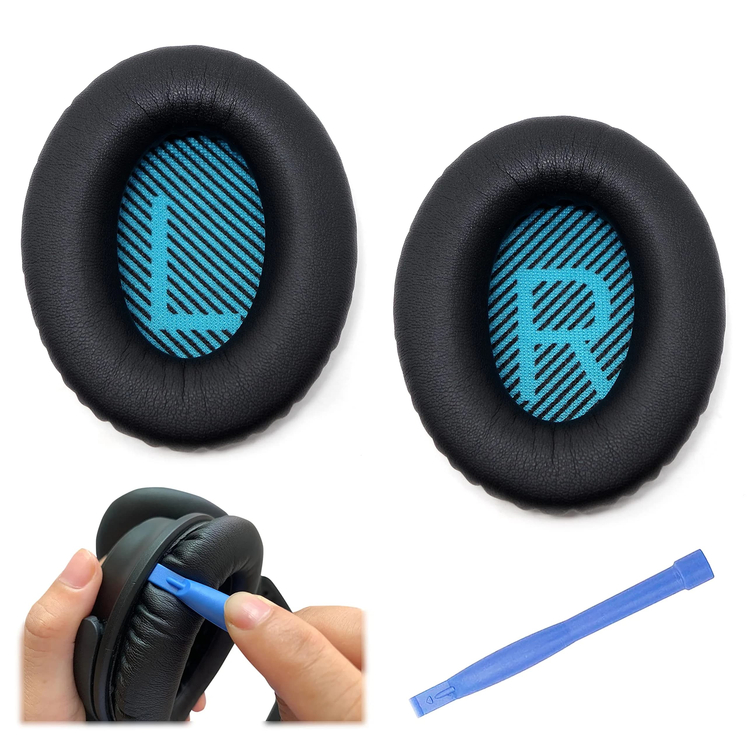 ElloGear Blue Headphone Ear Pad Replacement for Bose QC25 & More | Premium Leather & Memory Foam (1 Pack) — Blue/Black