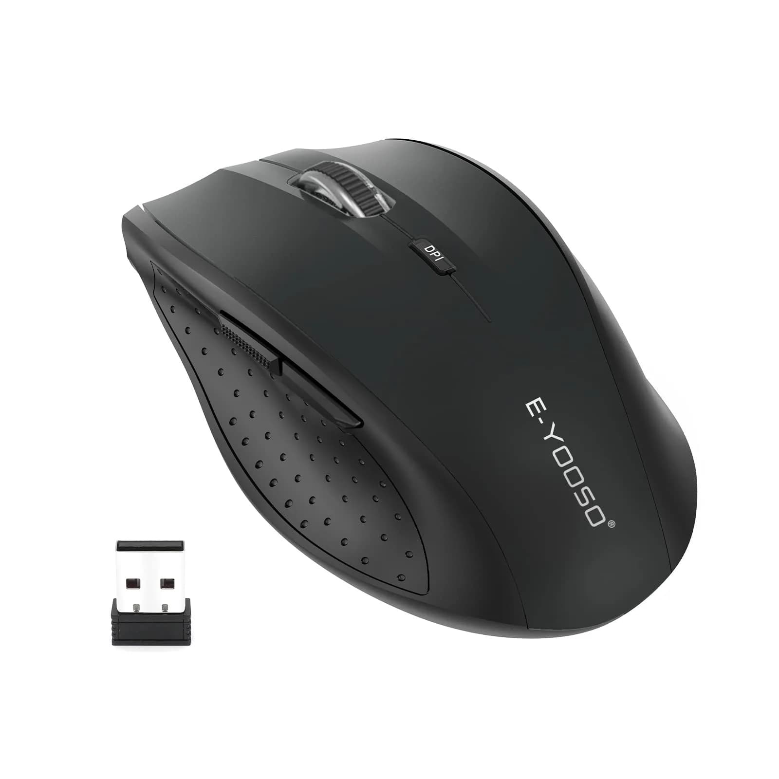 E-YOOSO Wireless Mouse for Laptop, Portable Optical Computer Mouse, 6 Buttons, 2.4GHz, 5-Level 4800 DPI, 18 Months Battery Life — Black
