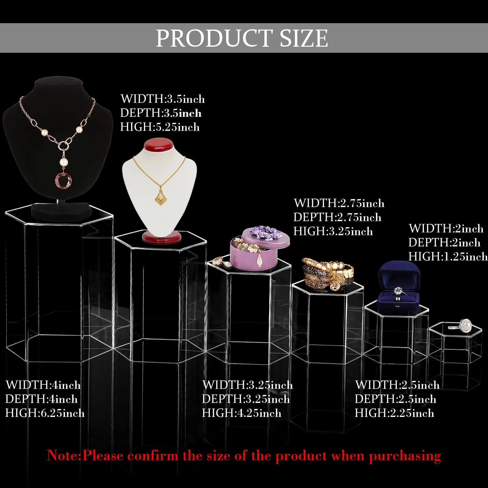 Jetec Clear Acrylic Hexagonal Jewelry Display Risers (Set of 6, Different Sizes) | Organize & Showcase Collections thumbnail 2