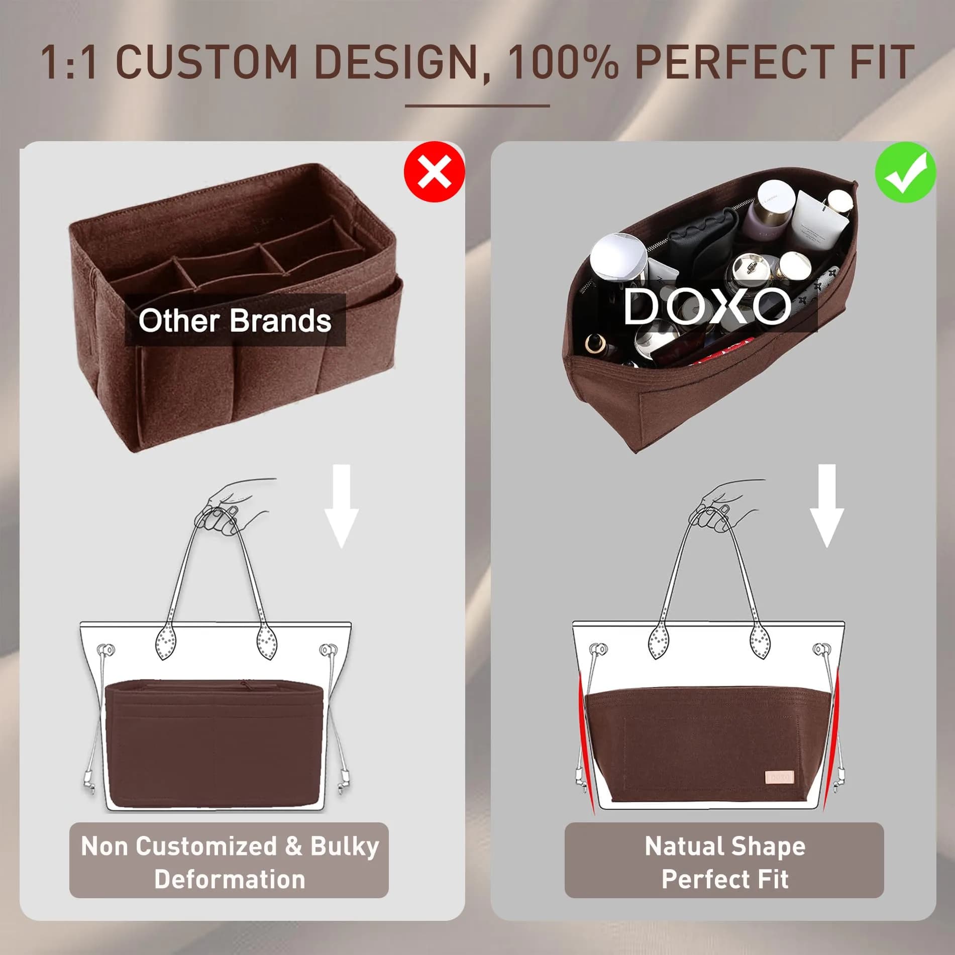 Doxo Purse Organizer Insert for Handbags & Base Shaper 2pc Set, Felt Speedy 30 Neverfull MM Organizer Insert 30cm (11.8") | Keeps Bags Structured - view 5