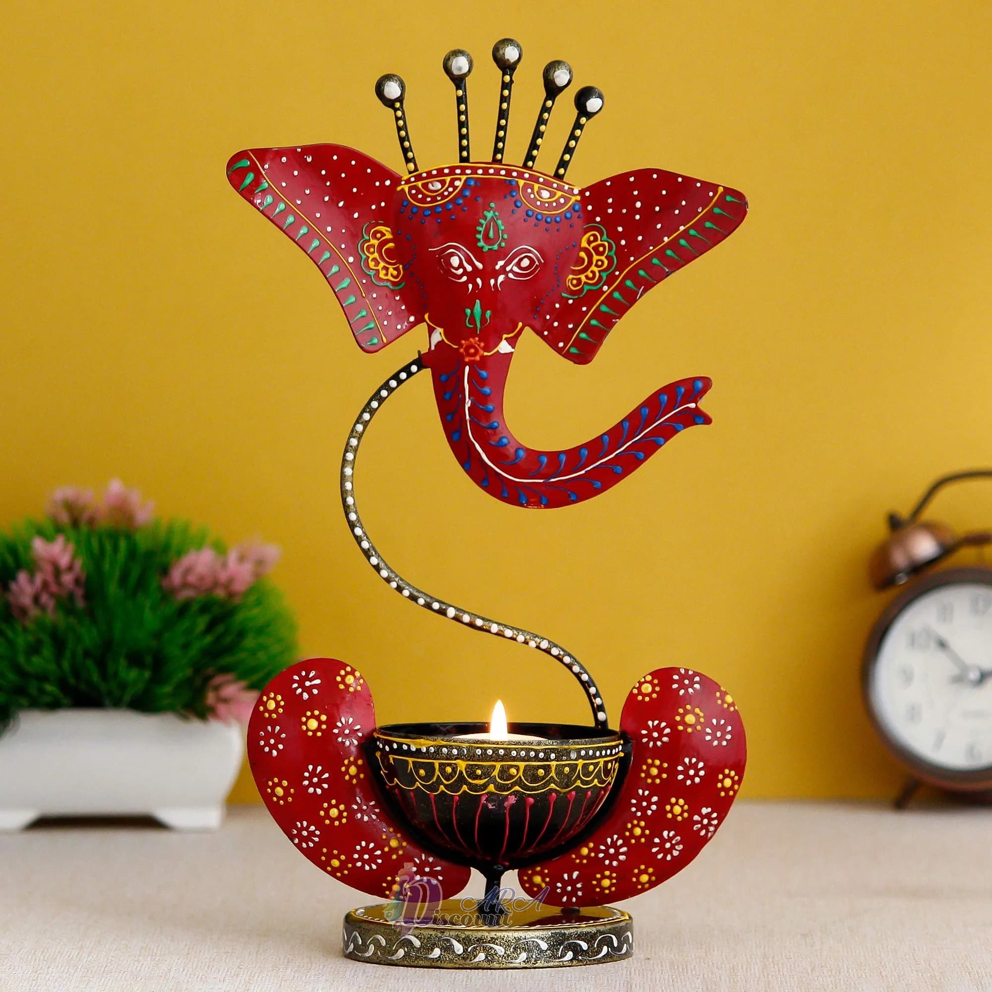 Discount ARA Ganesha Red Iron Tealight Candle Holder 28cm (11") | Handcrafted & Hand-painted for Home & Pooja — Ganesha-red