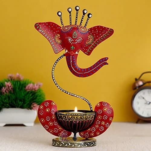 Discount ARA Ganesha Red Iron Tealight Candle Holder 28cm (11") | Handcrafted & Hand-painted for Home & Pooja thumbnail 1