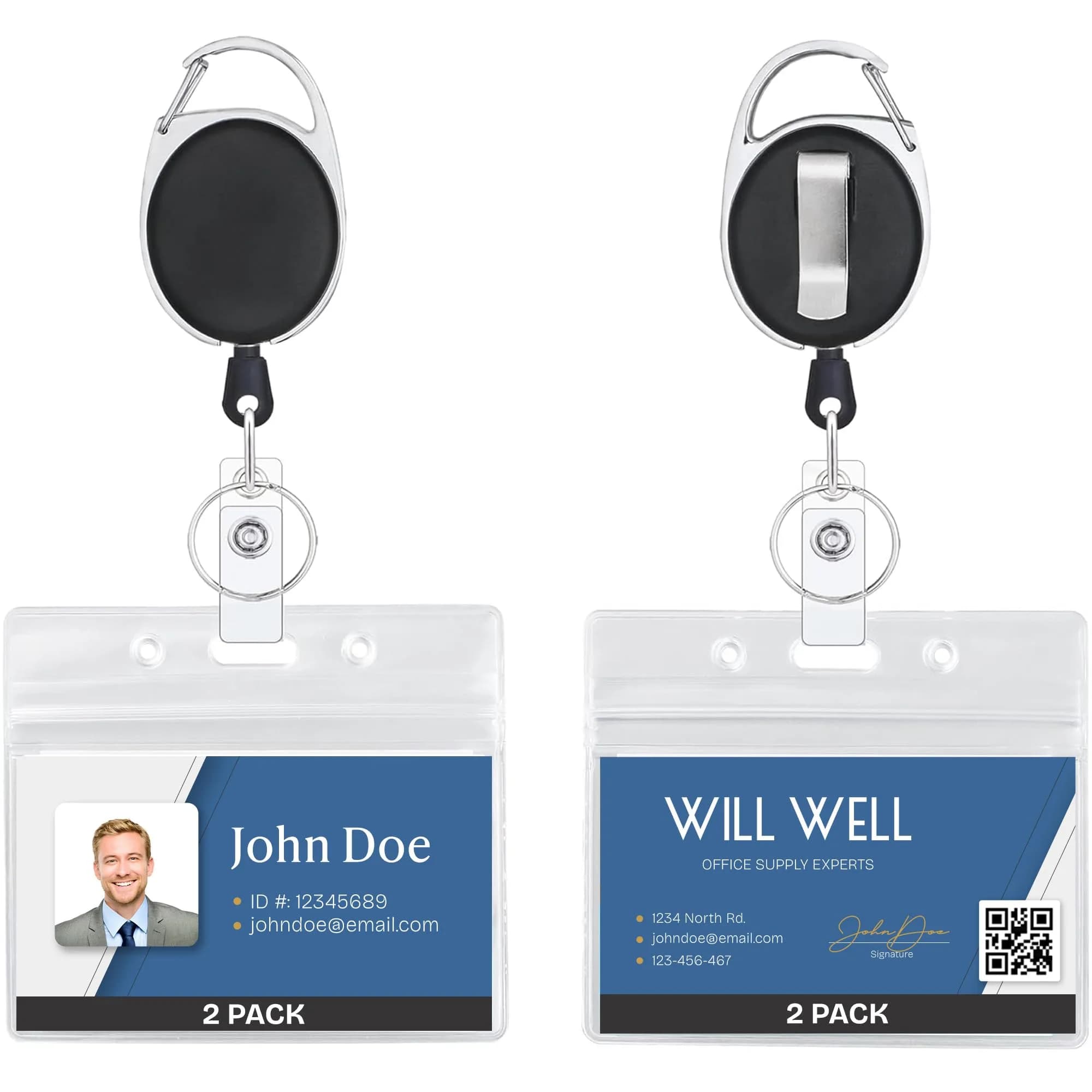 Will Well Durable ID Badge Holder Retractable 2 Pack - Horizontal - Black | Heavy Duty, 3.5oz capacity, 24" UHMWPE cord — Black