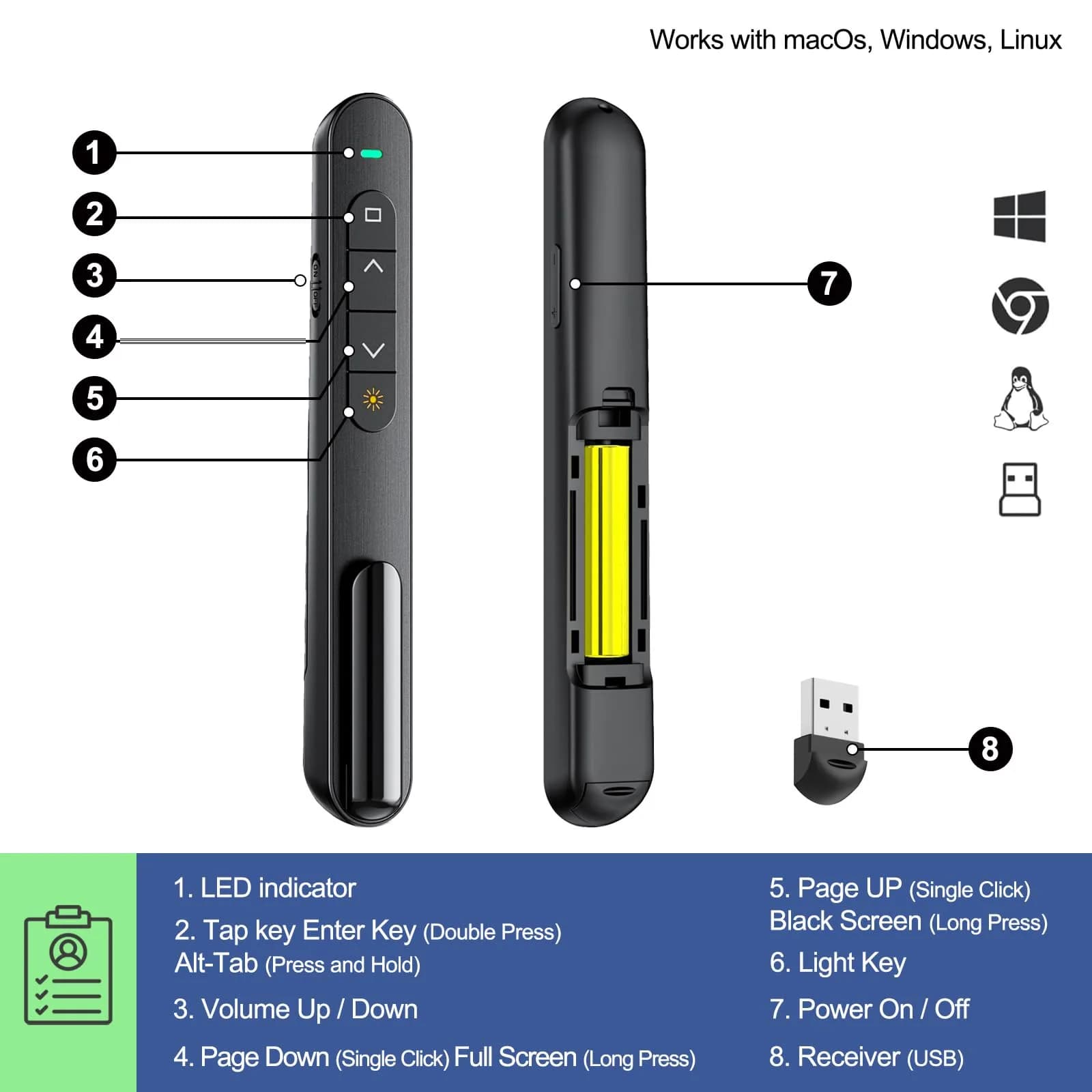 QUI Presentation Clicker for PowerPoint - Black, Small | USB-C Wireless Presenter Remote with Red Laser & Volume Control - view 3