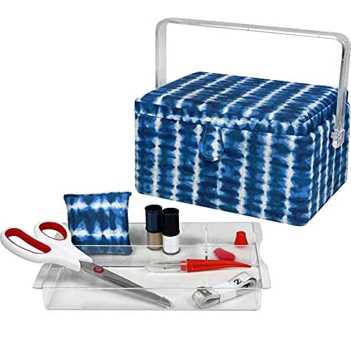 SINGER Large Sewing Basket with Notions & Matching Pin Cushion | Modern Blue Tie Dye Design, 11.75in x 8in x 6in thumbnail 1