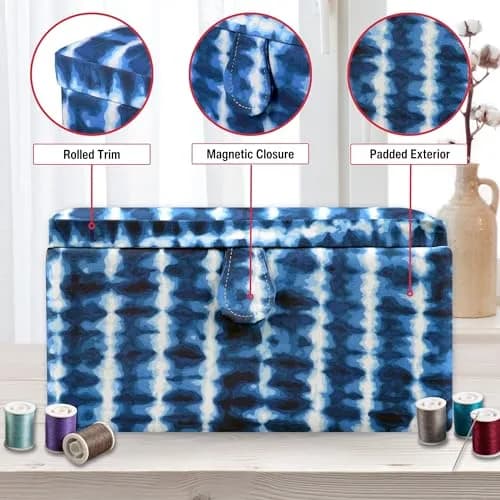 SINGER Large Sewing Basket with Notions & Matching Pin Cushion | Modern Blue Tie Dye Design, 11.75in x 8in x 6in thumbnail 5