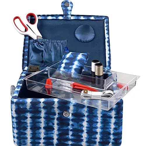 SINGER Large Sewing Basket with Notions & Matching Pin Cushion | Modern Blue Tie Dye Design, 11.75in x 8in x 6in thumbnail 7