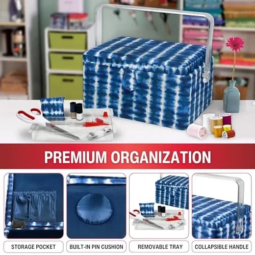 SINGER Large Sewing Basket with Notions & Matching Pin Cushion | Modern Blue Tie Dye Design, 11.75in x 8in x 6in thumbnail 2