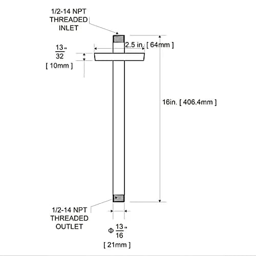 OFFO 16 inch (40.46cm) Brushed Nickel Ceiling Mount Shower Arm with Flange | Straight Rain Shower Extension thumbnail 7