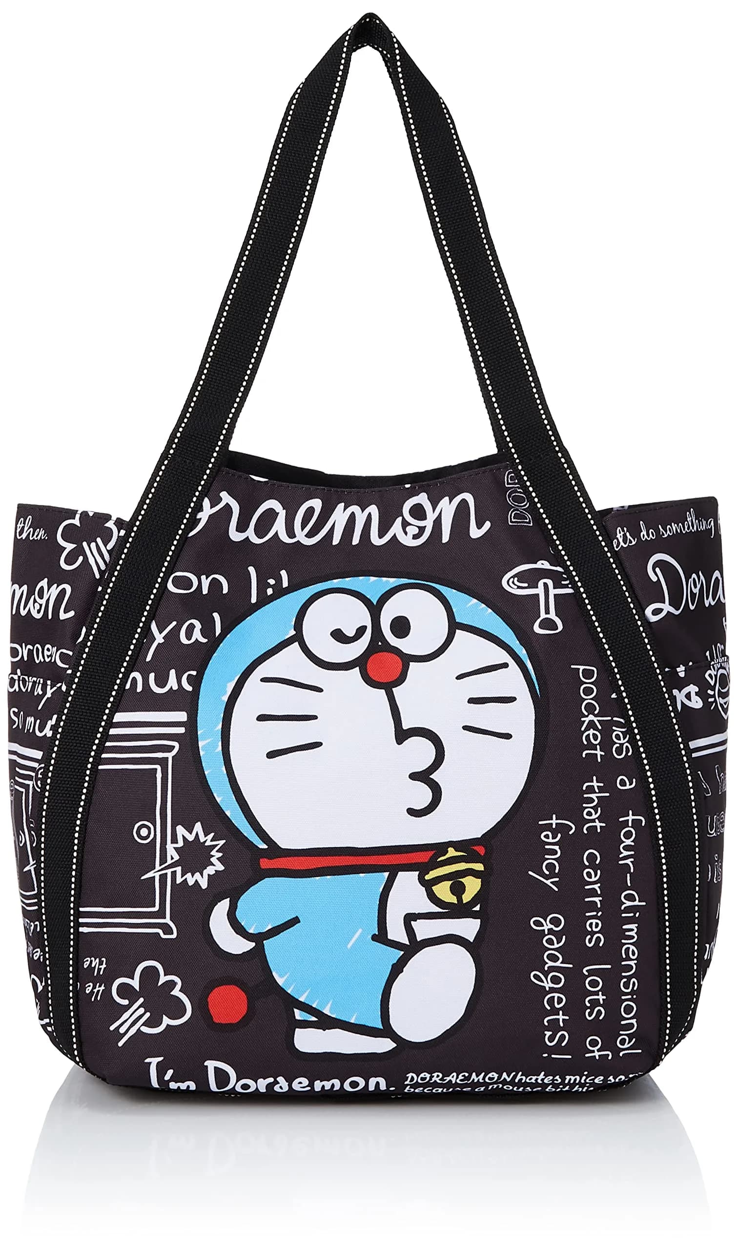 I'm DORAEMON Tote Bag Large Capacity | Cartoon Design with Multiple Pockets (One Size) — Black