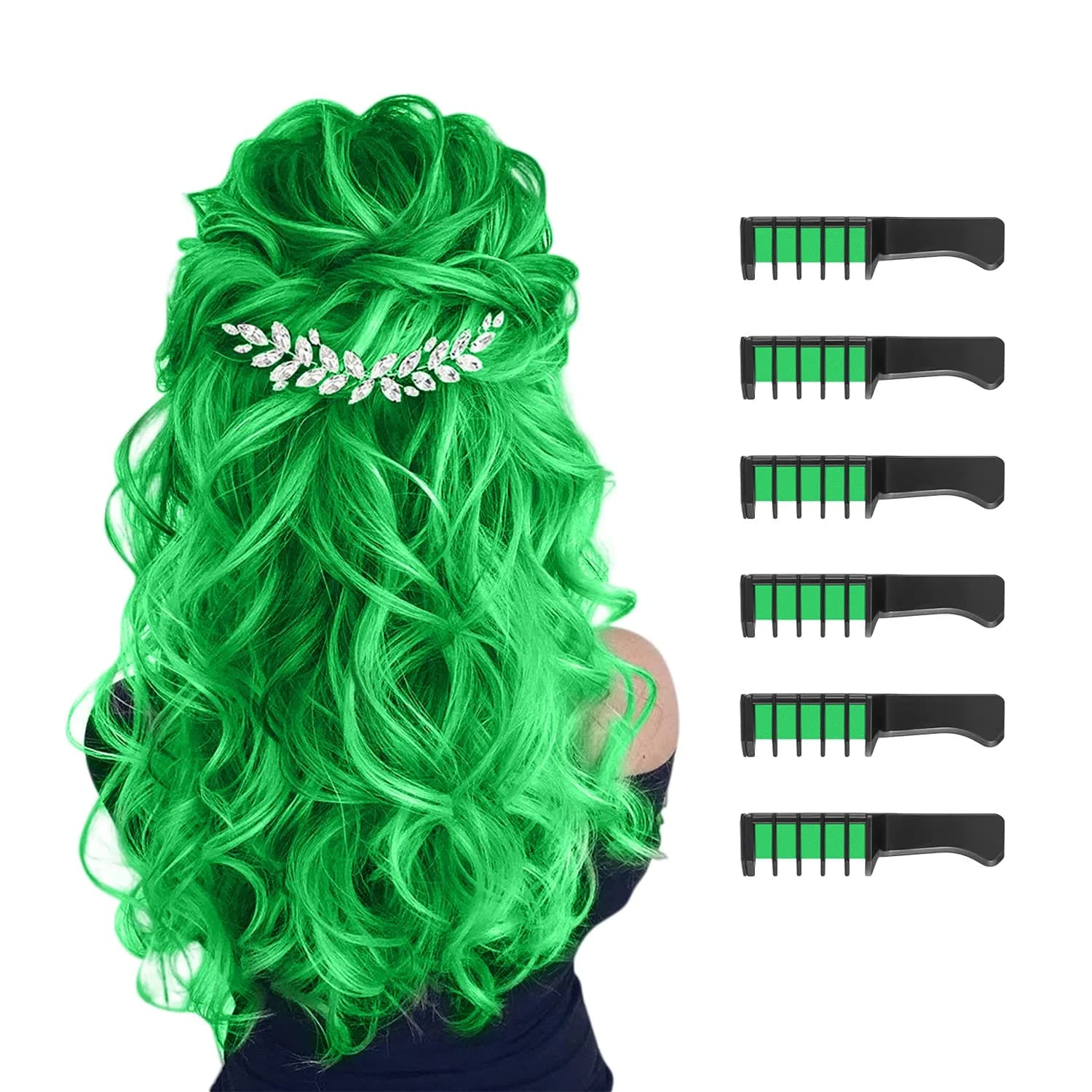 MSDADA Green Hair Chalk Comb Set (6 Pcs) | Temporary Washable Hair Color for Kids — Fluorescent Green