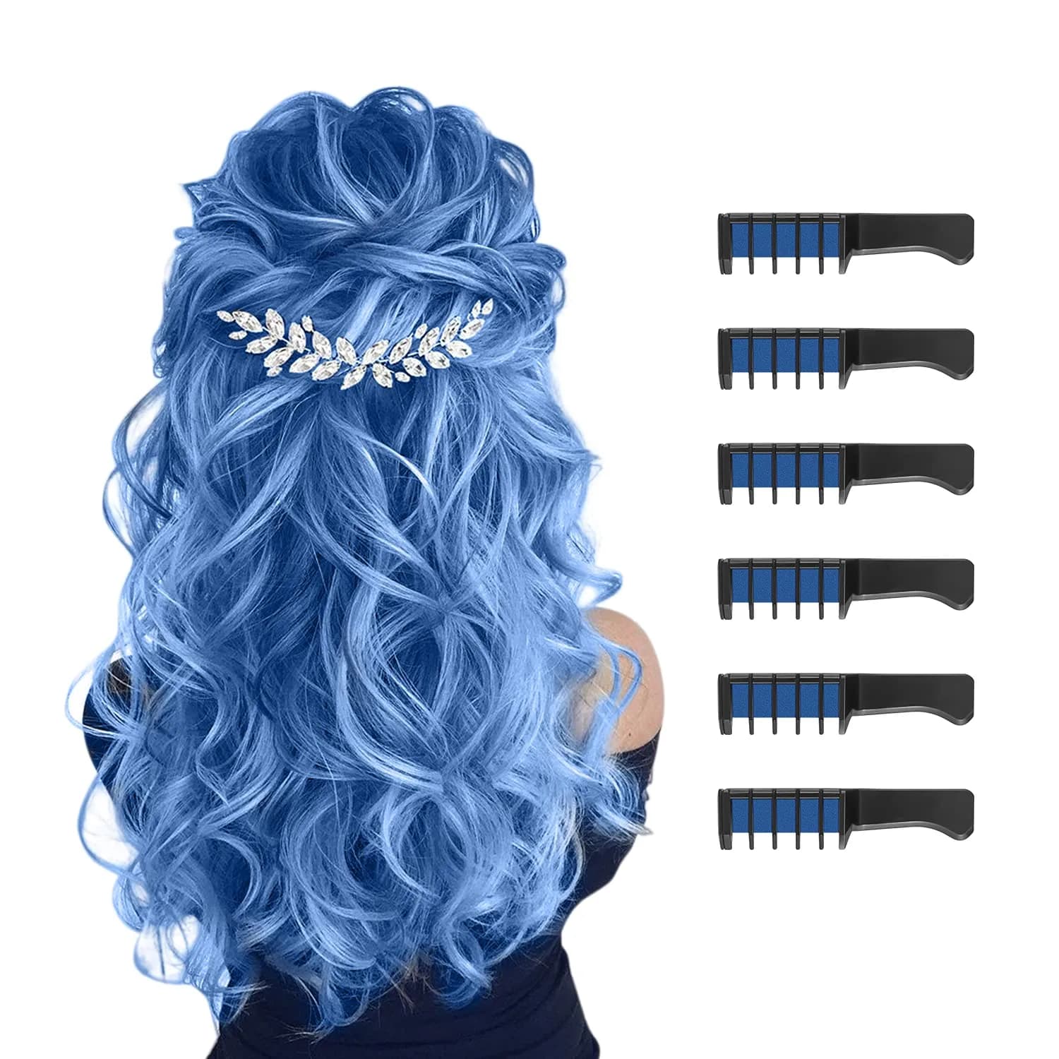 MSDADA Blue Hair Chalk Comb 6 Pcs | Temporary Washable Hair Color for Kids, Glitter Effect - main product image