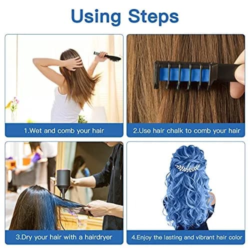 MSDADA Blue Hair Chalk Comb 6 Pcs | Temporary Washable Hair Color for Kids, Glitter Effect thumbnail 4