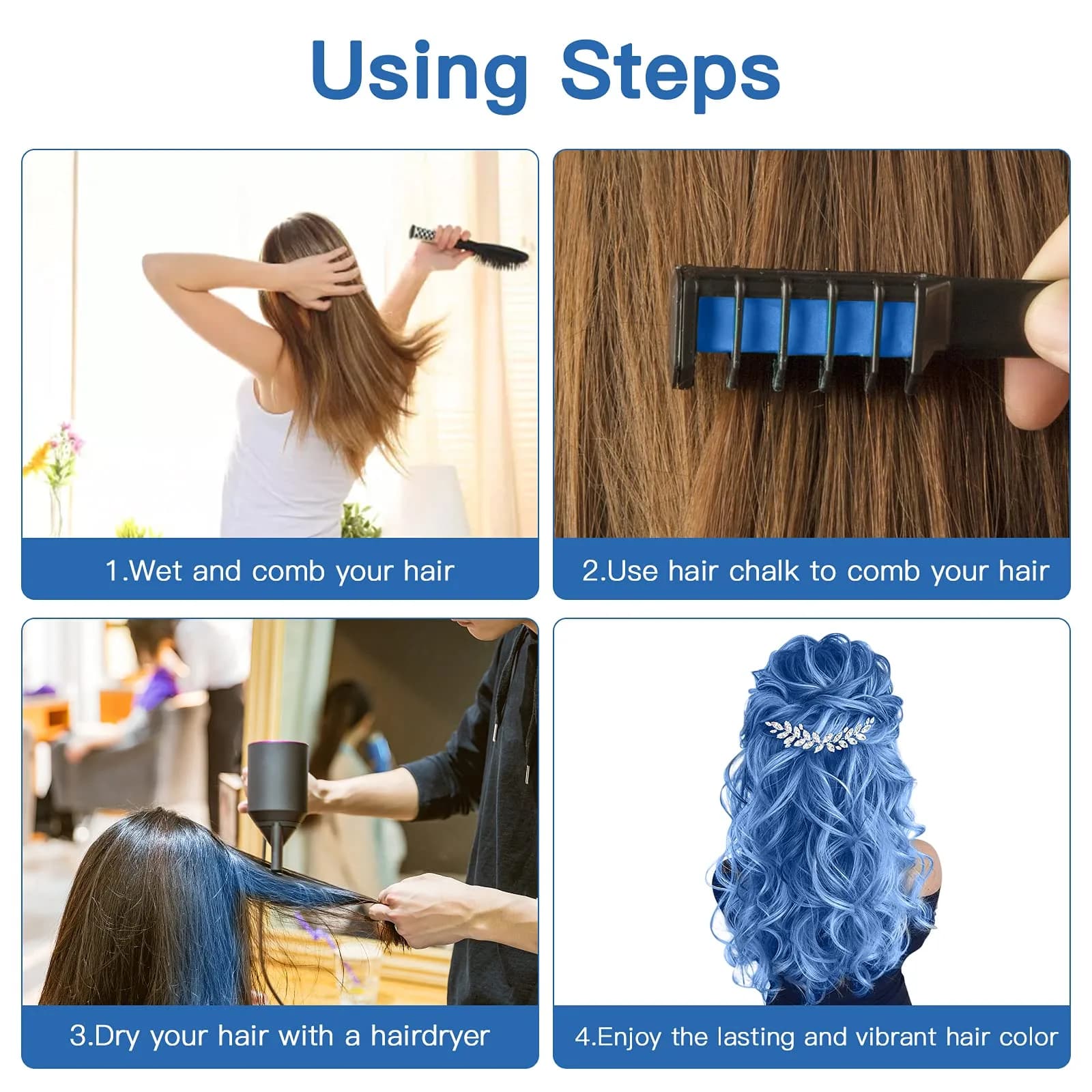 MSDADA Blue Hair Chalk Comb 6 Pcs | Temporary Washable Hair Color for Kids, Glitter Effect - view 4