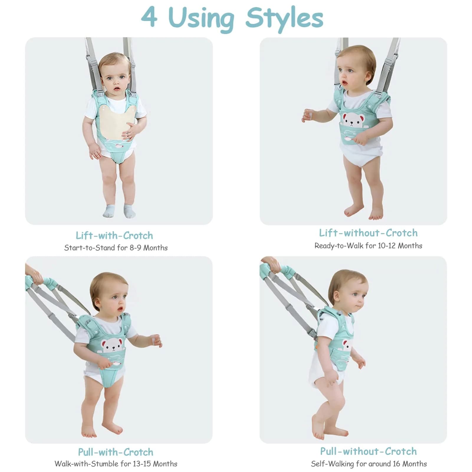 Ocanoiy Baby Walking Harness Handheld Baby Walker Assistant Belt Green | Adjustable Toddler Infant Walker Harnesses Standing Up and Walking Learning Helper With Detachable Crotch for 9-24 Month Old - view 5