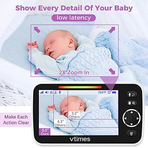 VTimes Baby Monitor Video Baby Monitor with Camera and Audio No WiFi 5" LCD Screen, Two-Way Audio, Night Vision, 1000ft Range, 2X Zoom Temperature Display, Lullaby | Stable Private Wireless Connection thumbnail 4
