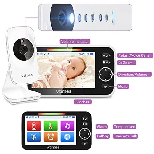 VTimes Baby Monitor Video Baby Monitor with Camera and Audio No WiFi 5" LCD Screen, Two-Way Audio, Night Vision, 1000ft Range, 2X Zoom Temperature Display, Lullaby | Stable Private Wireless Connection thumbnail 3