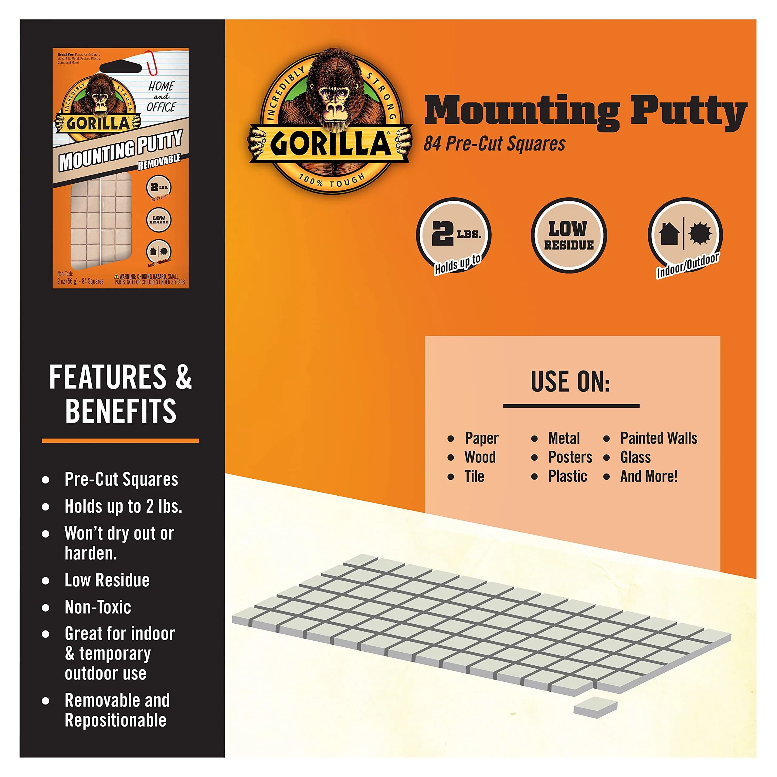 Gorilla Mounting Putty Natural Tan Color 672 Squares (Pack of 8) | Non-Toxic Removable & Repositionable Wall Putty - view 2
