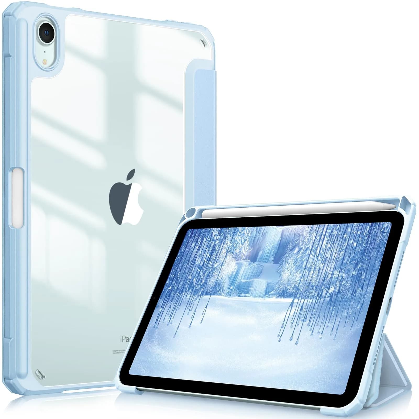 Fintie Clear Case for iPad mini 7th Gen (A17 Pro) / mini 6 8.3" | Slim Fit Shockproof TPU Bumper with Built-in Pencil Holder & Stand — Blue
