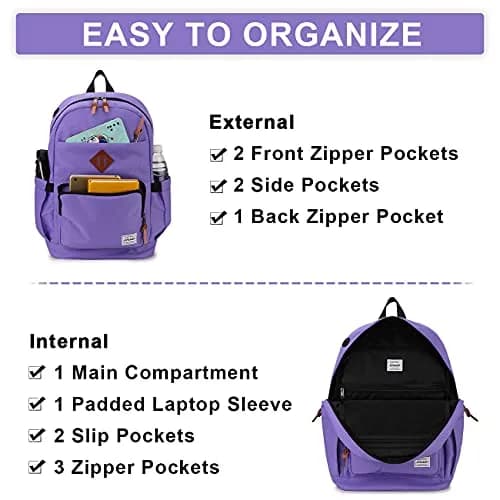 RAVUO School Backpack 19L Water Resistant 15.6" Laptop Bookbag with Anti Theft Back Pocket, Purple thumbnail 6