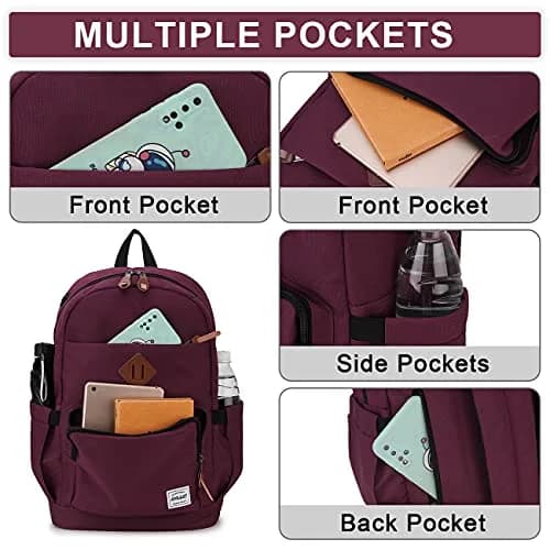 RAVUO School Backpack 19L Water Resistant 15.6" Laptop Bookbag with Anti Theft Back Pocket, Burgundy | 10 Pockets for Teen & Adult Use thumbnail 4