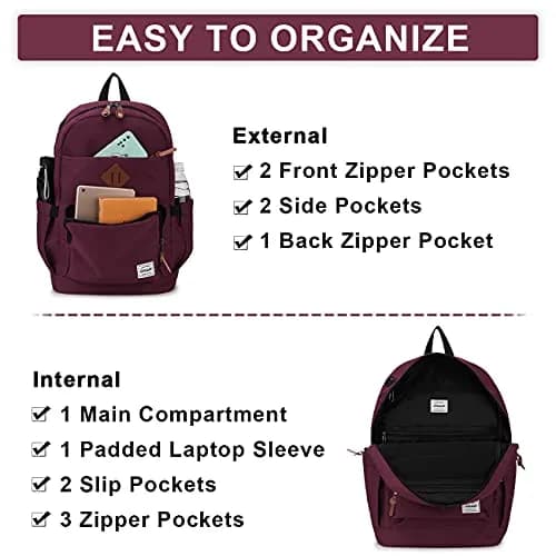 RAVUO School Backpack 19L Water Resistant 15.6" Laptop Bookbag with Anti Theft Back Pocket, Burgundy | 10 Pockets for Teen & Adult Use thumbnail 6