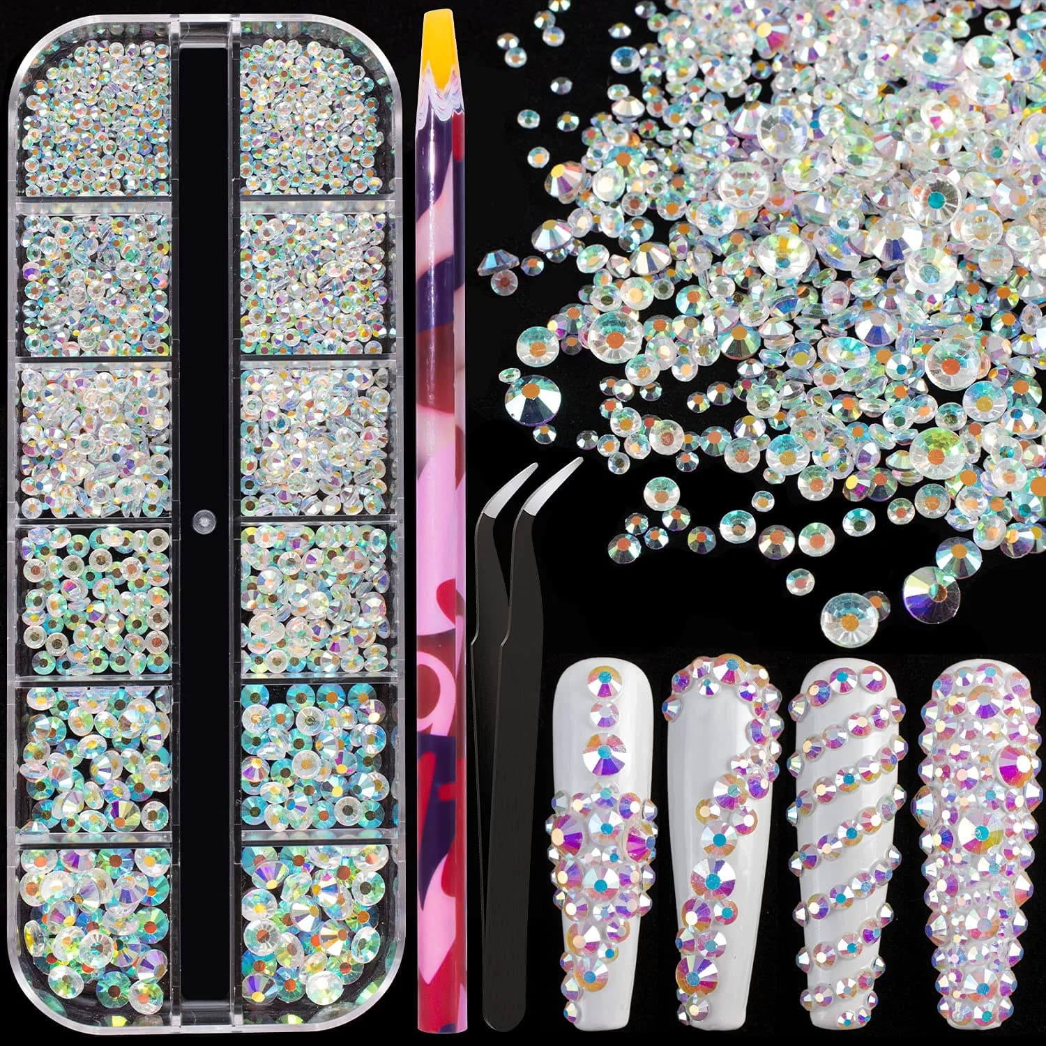BELLEBOOST Nail Art Rhinestones Kit 6 Sizes Transparent AB Glass Round Beads 1720 PCS | Iridescent Shine for DIY Nail Art & Jewelry — Round Transparent AB