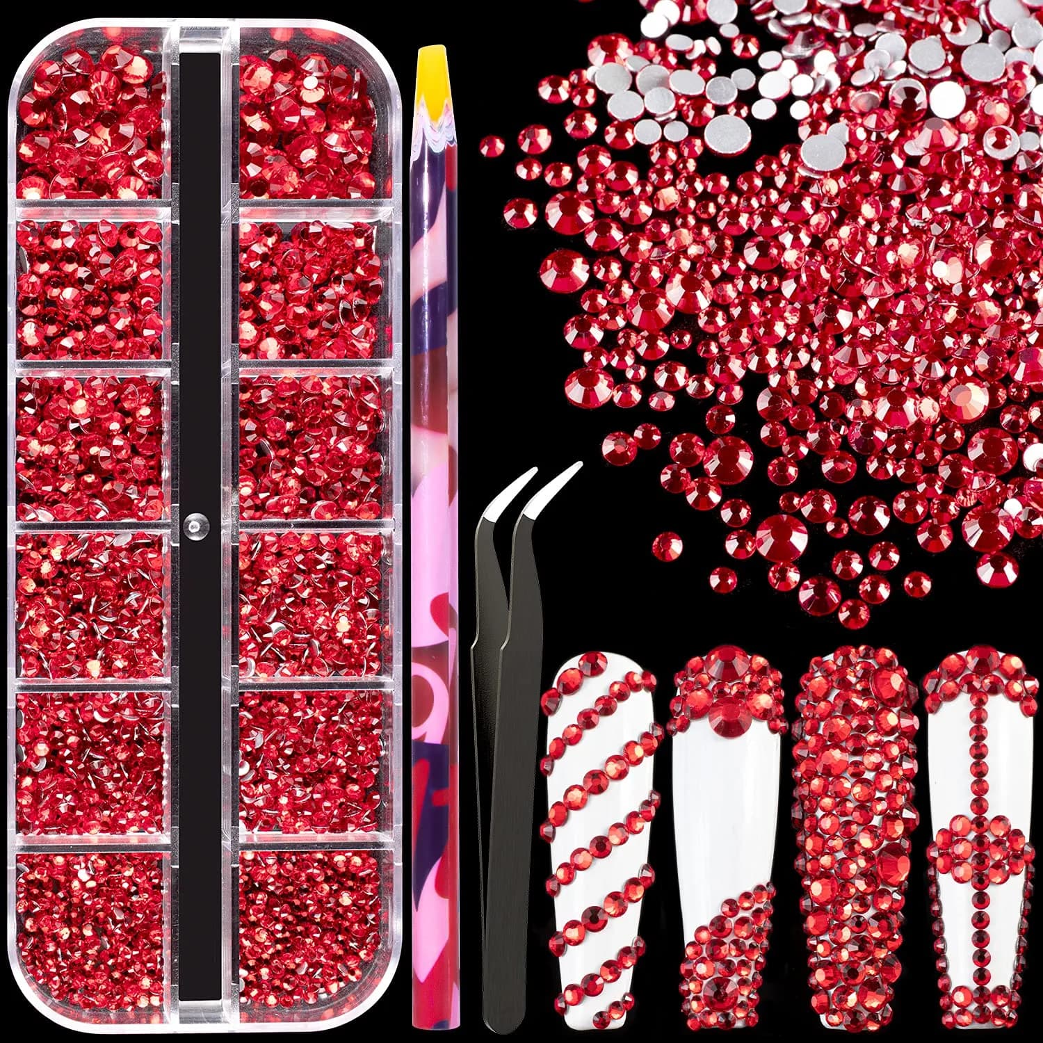 BELLEBOOST Nail Art Rhinestones Kit with Pickup Pen & Tweezer, 6 Sizes, Glass, Round, Red | Vibrant Shine for DIY & Professional Nails — Round Red