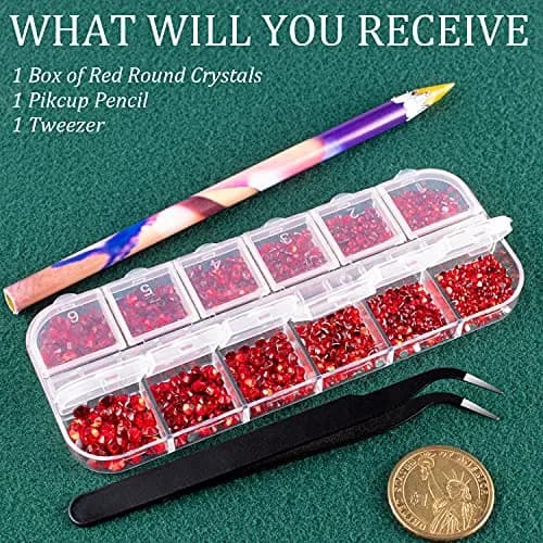 BELLEBOOST Nail Art Rhinestones Kit with Pickup Pen & Tweezer, 6 Sizes, Glass, Round, Red | Vibrant Shine for DIY & Professional Nails thumbnail 5