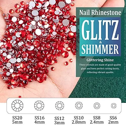 BELLEBOOST Nail Art Rhinestones Kit with Pickup Pen & Tweezer, 6 Sizes, Glass, Round, Red | Vibrant Shine for DIY & Professional Nails thumbnail 3