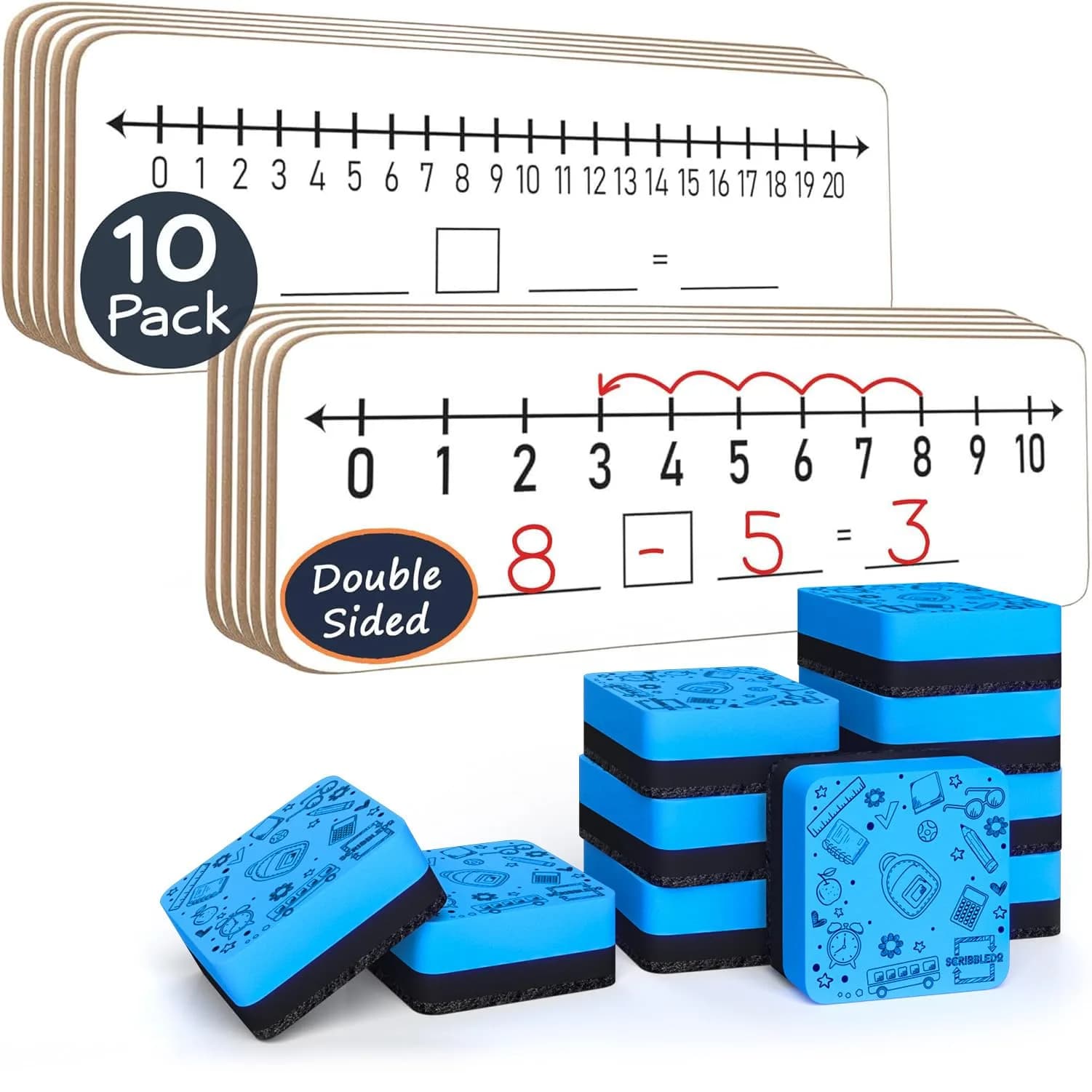 Scribbledo Dry Erase Number Line Board 12x4 Double Sided 10 Set with Erasers | Math Practice for Grades 1-5 - main product image