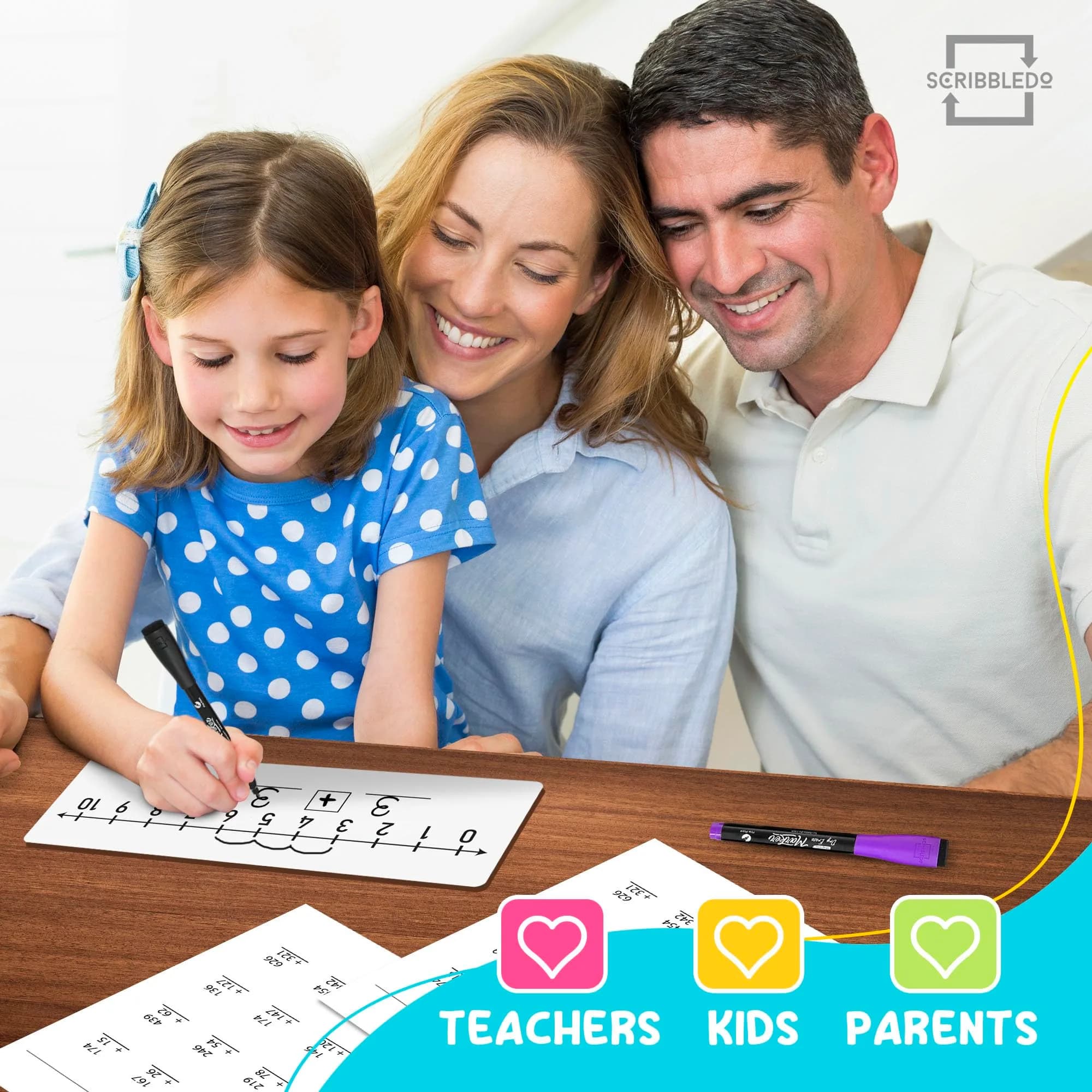 Scribbledo Dry Erase Number Line Board 12x4 Double Sided 10 Set with Erasers | Math Practice for Grades 1-5 - view 7