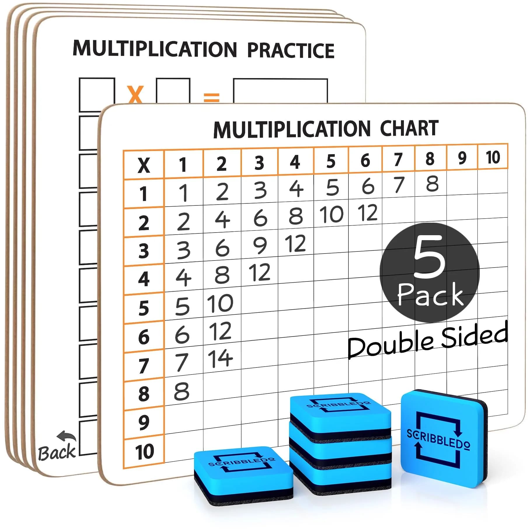 Scribbledo Multiplication Chart Dry Erase Boards 9x12 Inch (22.86cm x 30.48cm), 2 Pack | Reusable Math Practice Lapboards for Grades 3-5 — 5 Board + 5 Eraser
