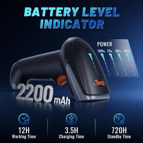 Tera Barcode Scanner with Battery Indicator | Wireless 1D/2D Reader, 640x480 CMOS, Bluetooth & USB, Grey (2200mAh, 50 fps) thumbnail 2