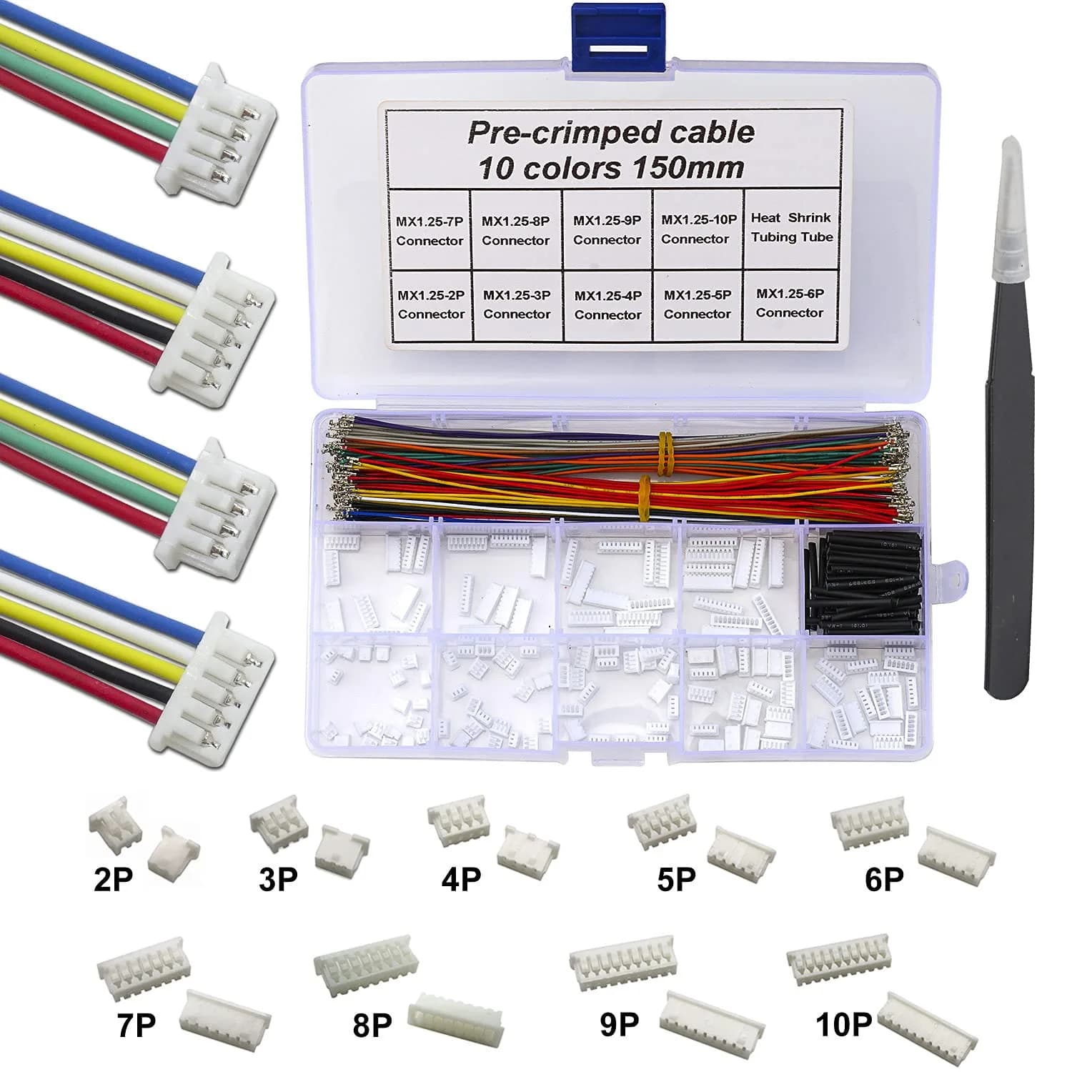 Keszoox MX 1.25mm Connector Kit with 28AWG Pre-Crimped Cables (200pcs, 150mm) | Molex PicoBlade Compatible for Pixhawk Drones — Connector Kit
