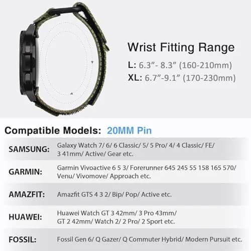 Nereides Nylon Watch Band Compatible with Samsung Galaxy Watch 7/6/5/4 40mm 44mm, 20mm Sport Strap (Army Green, L) thumbnail 3
