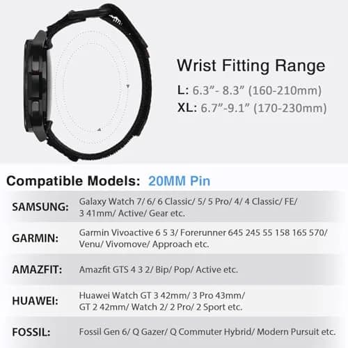 Nereides Black Nylon Watch Band for Samsung Galaxy Watch 7/6/5/4 40mm 44mm | Compatible with 20mm Smartwatches thumbnail 3