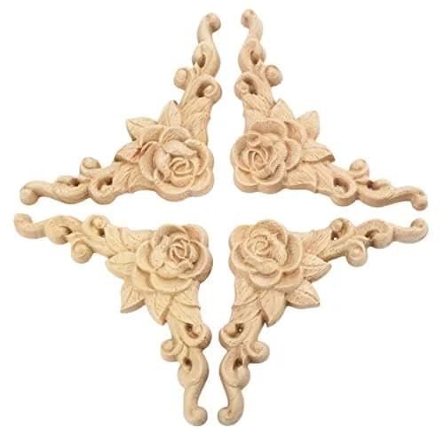LizhiPier Rose Wood Appliques 8cm (3.15") | 4Pcs Unpainted Oak Wood Carved Decals for Furniture DIY thumbnail 1