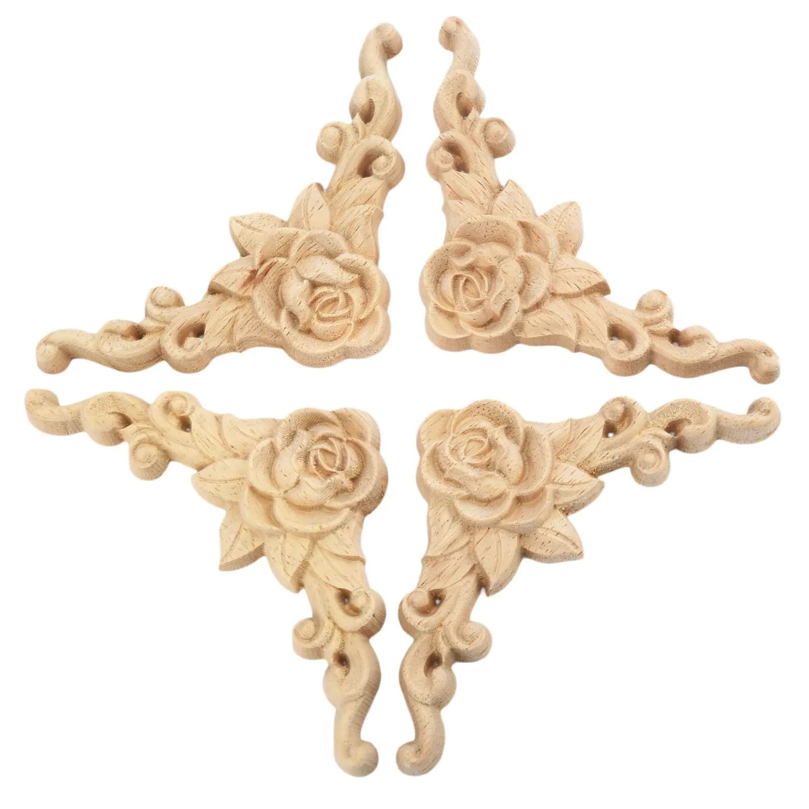 LizhiPier Rose Wood Appliques 8cm (3.15") | 4Pcs Unpainted Oak Wood Carved Decals for Furniture DIY — 10x10cm/3.9x3.9inches