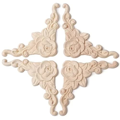 LizhiPier Wood Appliques Onlays for Furniture, 4-Pack Unpainted Oak Rose Decals 10cm (3.94") | DIY Decorative Corners for Bed Wall Dresser Mirror Door Cabinet Wardrobe thumbnail 5