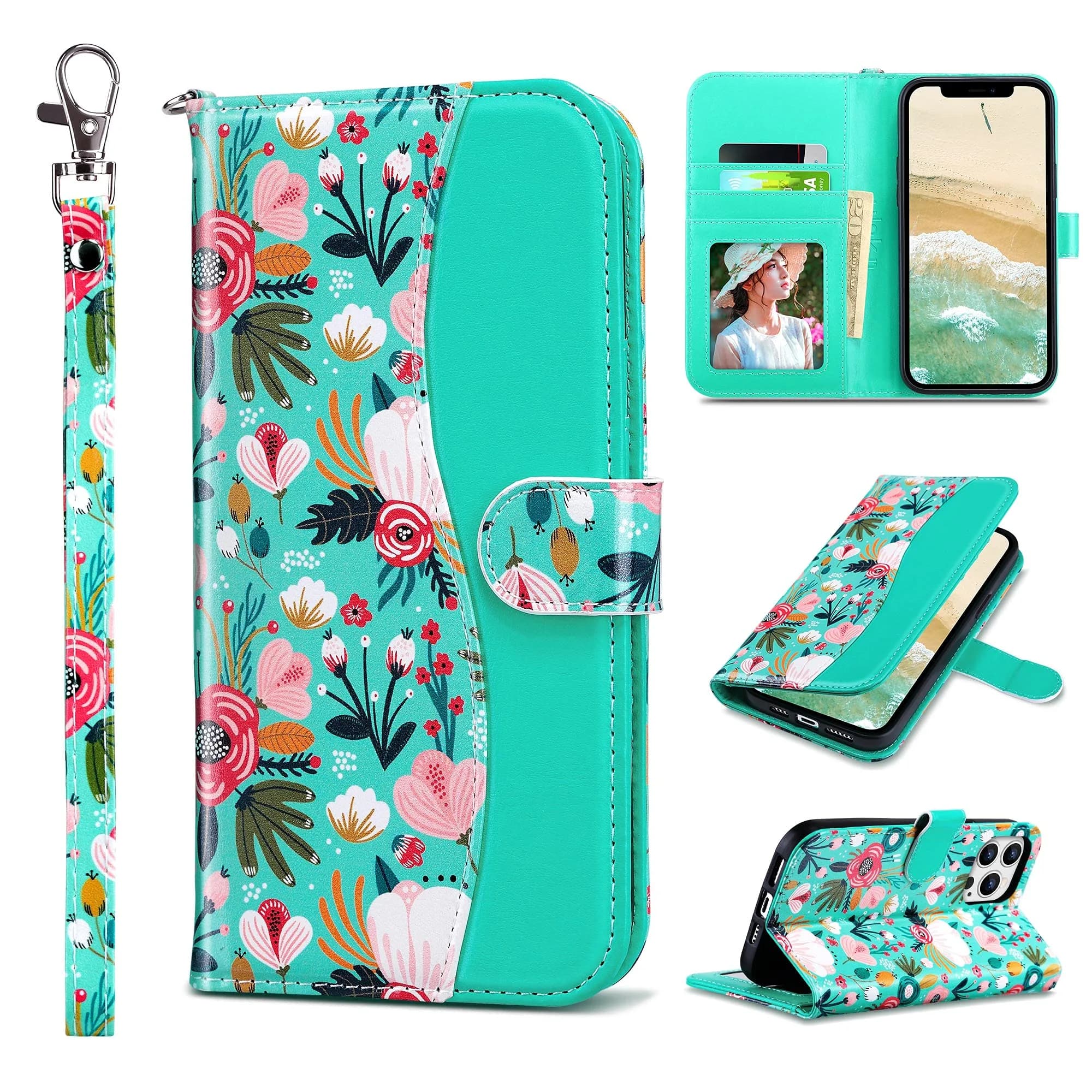 ULAK Mint Floral Wallet Case for iPhone 13 Pro Max 6.7" | Card Holder Flip Cover with Kickstand — Mint
