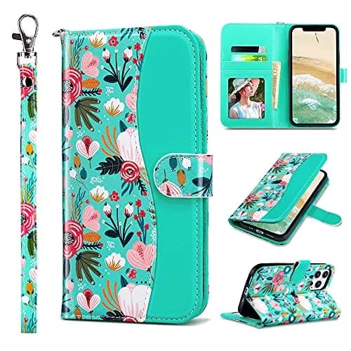 ULAK Mint Floral Wallet Case for iPhone 13 Pro Max 6.7" | Card Holder Flip Cover with Kickstand thumbnail 1